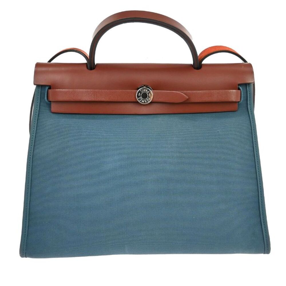 Hermes Herbag Zip Leather And Toile Blue Canvas Handbag